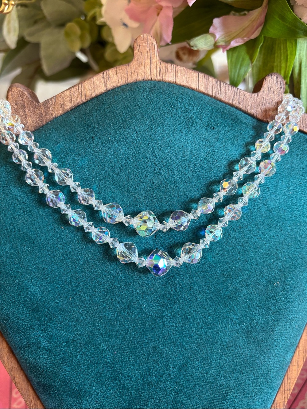 Crystal Aurora Borealis Faceted Bead Necklace - Clear Vintage